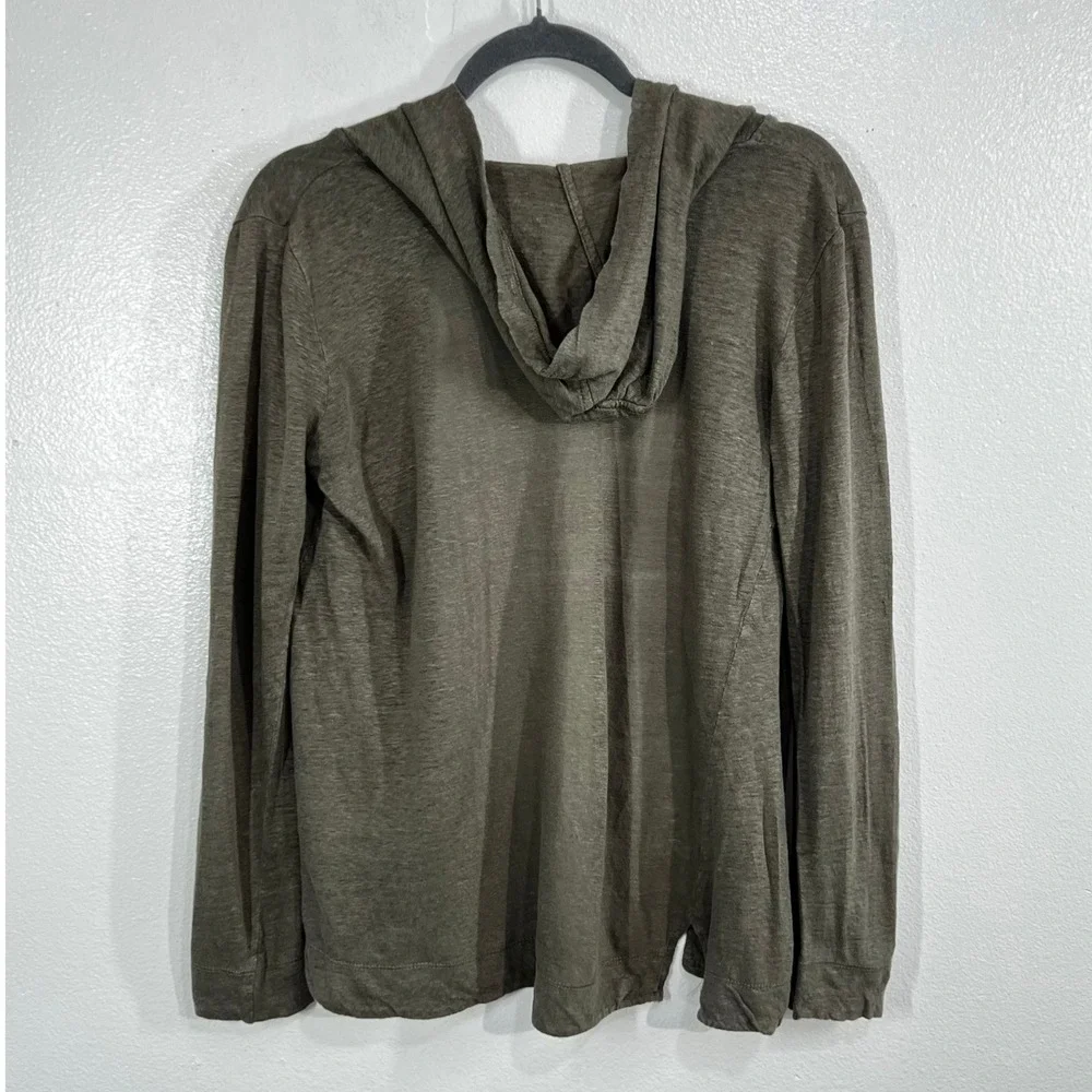 Tahari Open-Front Hooded Cardigan Sweater Small 100% Slub Linen Olive Green